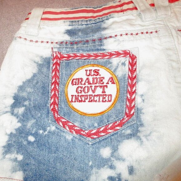 Y2K Funky Patchwork Jean Shorts Size 11 32 Cut Offs Gems Distressed Hippie Artsy - Picture 8 of 11